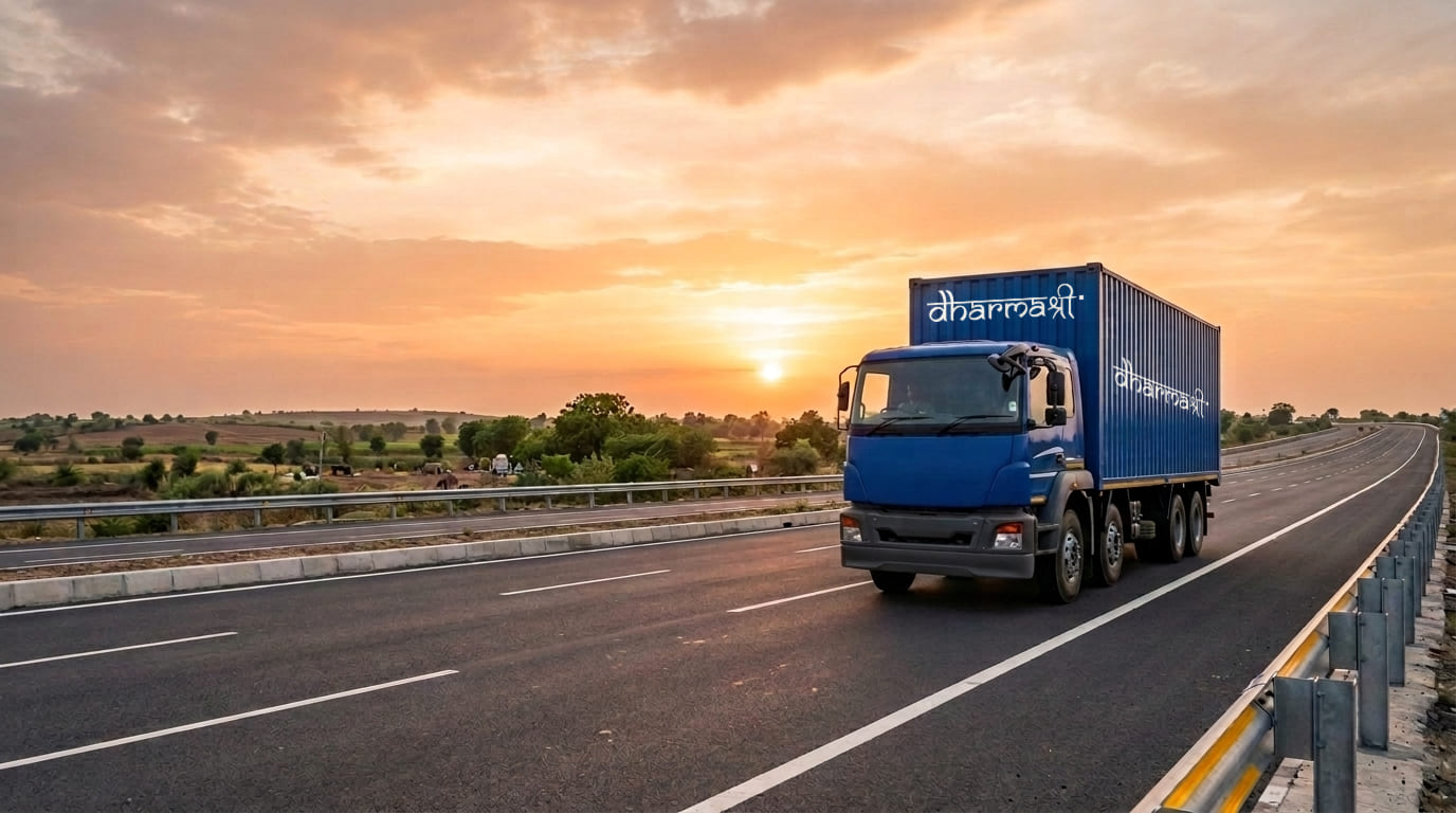 A cobalt-blue DharmaShree container truck, the name painted in white on its container, driving along a wide expressway at golden hour.