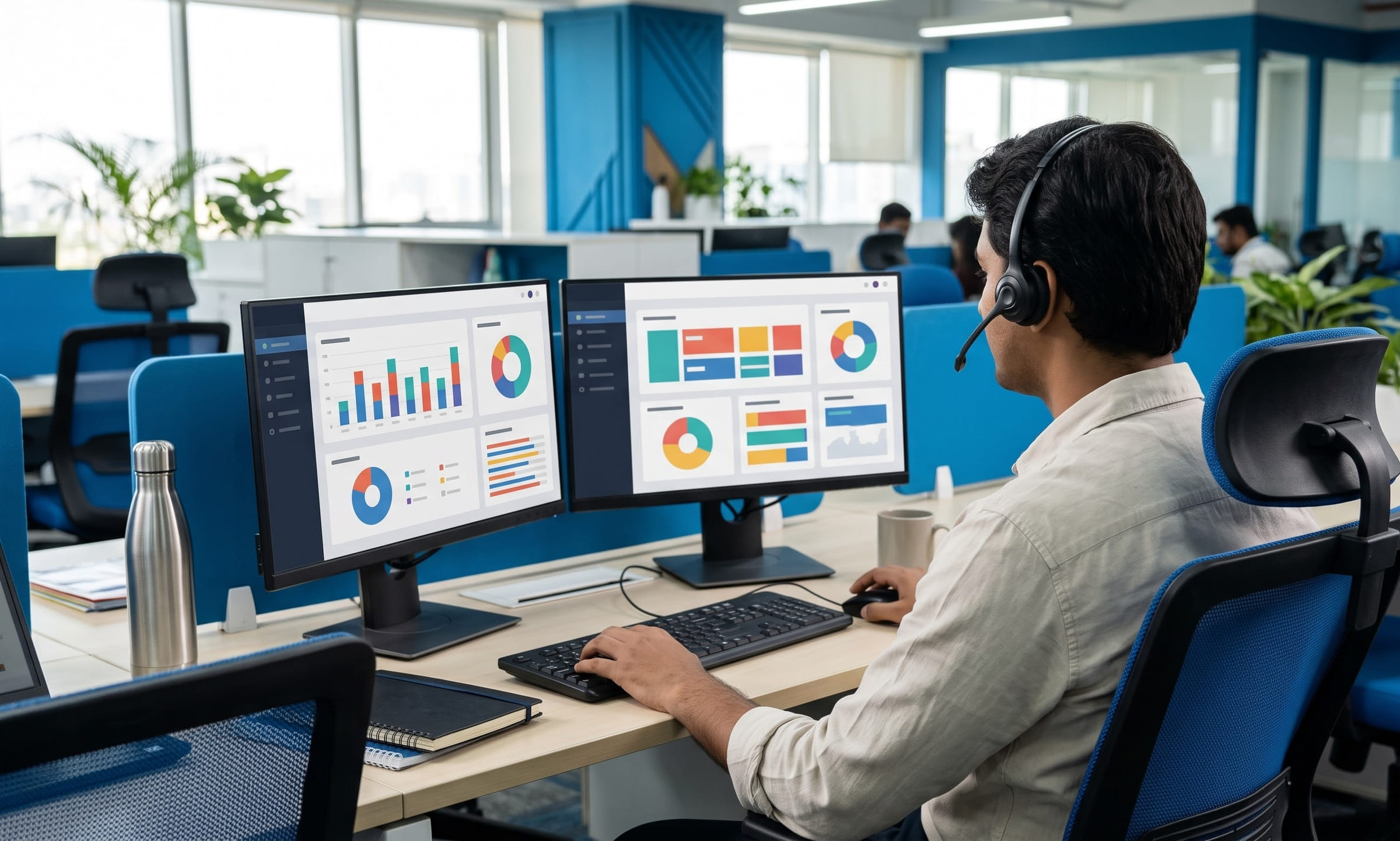 A person in a headset at a support desk with two monitors, seen from behind in a bright office with blue accents.