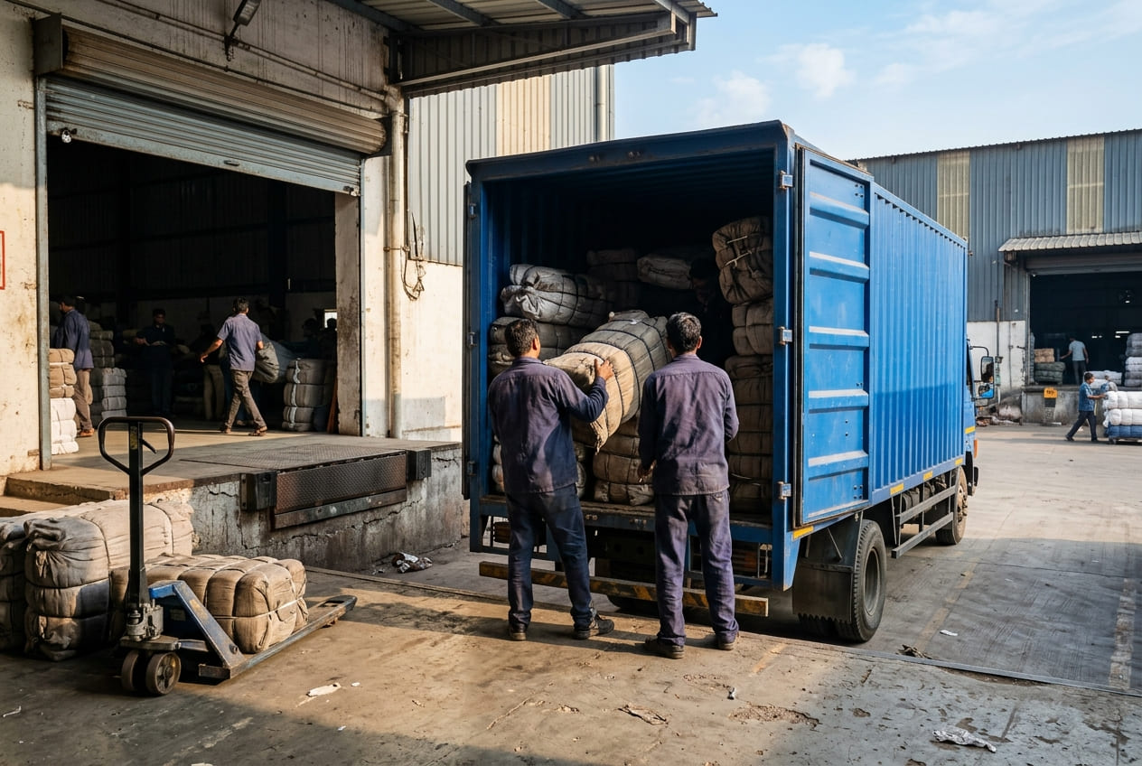 Two workers seen from behind loading wrapped bales of fabric into the open rear of a blue closed-body truck at a loading dock.